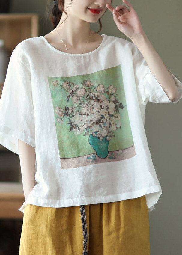 Plus Size White O-Neck Print Linen T Shirt Half Sleeve