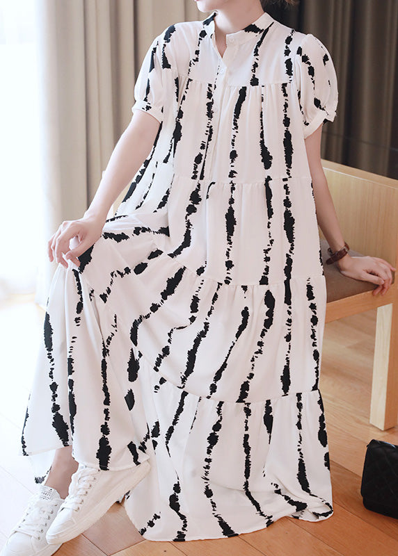 Plus Size White O-Neck Striped Print Wrinkled Button Maxi Dresses Summer