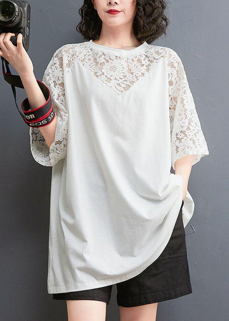 Plus Size White Patchwork Lace O-Neck Cotton Tee Summer - Omychic