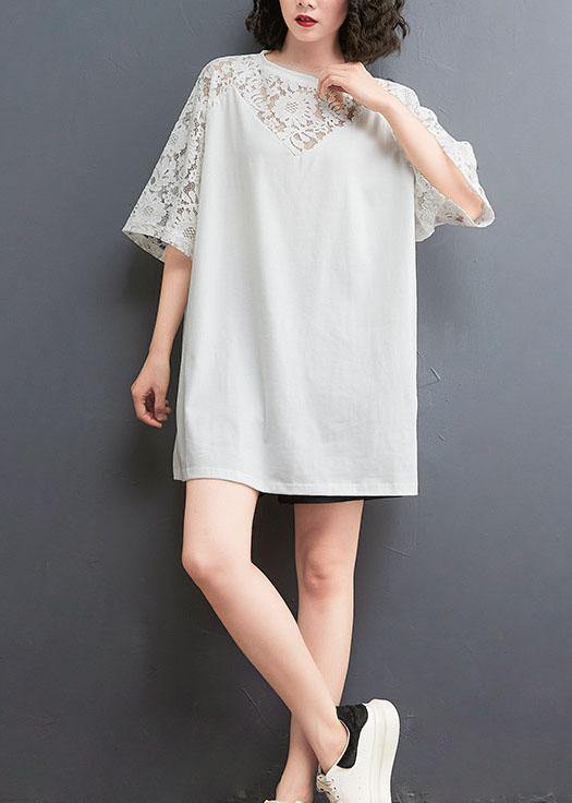 Plus Size White Patchwork Lace O-Neck Cotton Tee Summer - Omychic