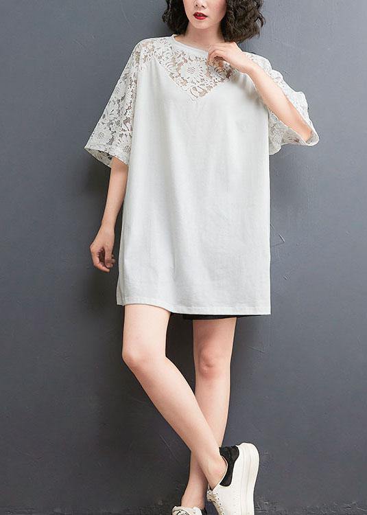 Plus Size White Patchwork Lace O-Neck Cotton Tee Summer - Omychic