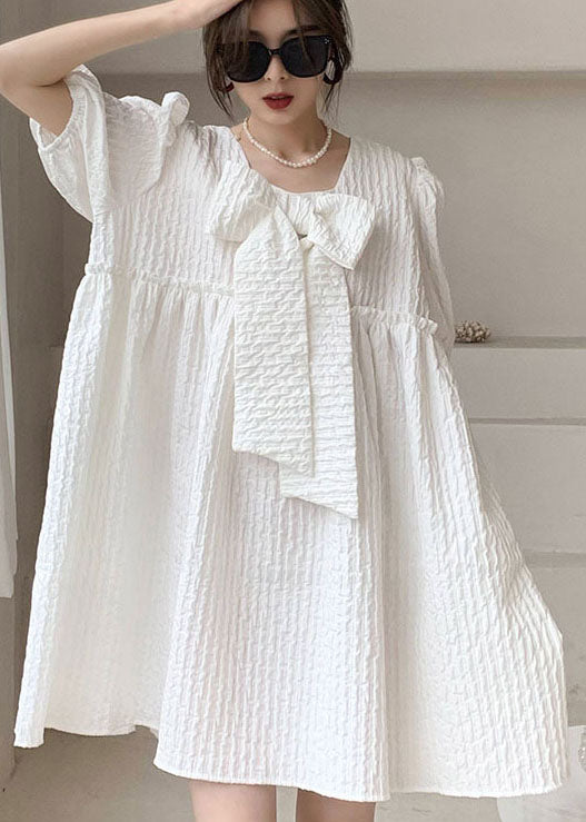 Plus Size White Ruffled Bow Patchwork Cotton Vacation Dress Spring