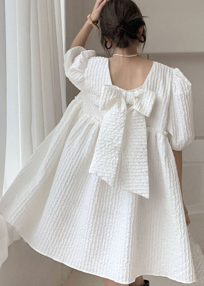 Plus Size White Ruffled Bow Patchwork Cotton Vacation Dress Spring