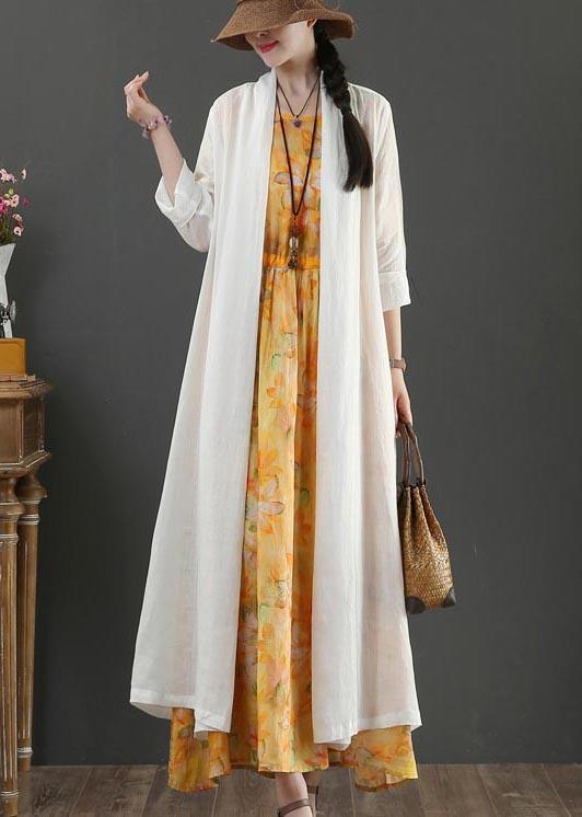 Plus Size White Summer Linen side open Loose Coat Long - Omychic