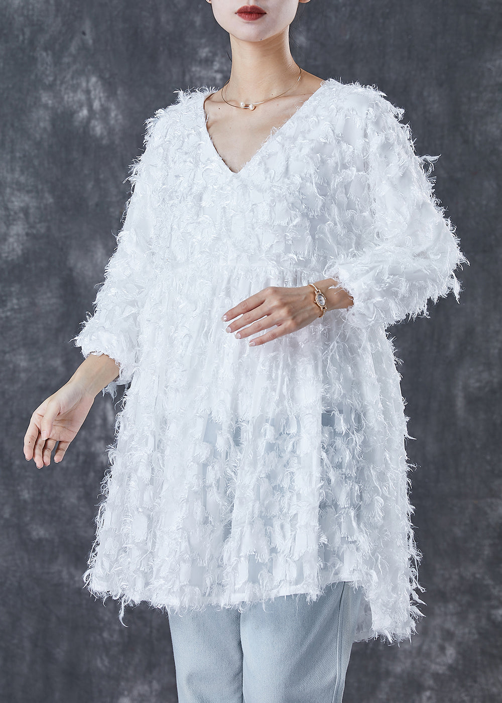 Plus Size White Tasseled Cotton Mini Dress Bracelet Sleeve