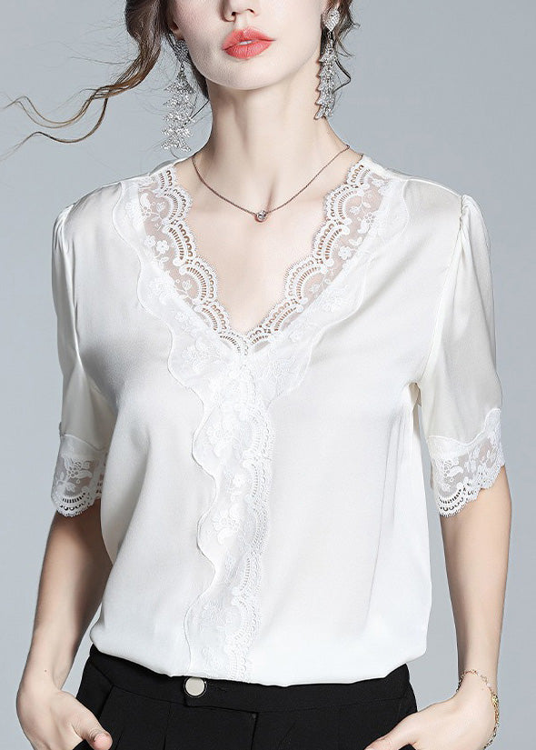 Plus Size White V Neck Lace Patchwork Silk Top Summer