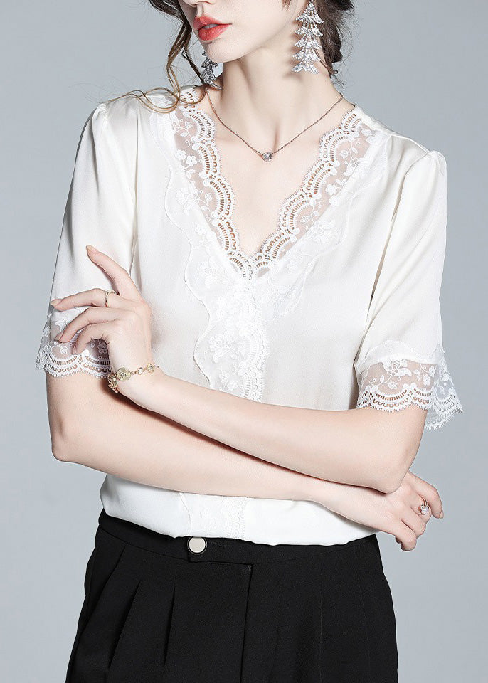 Plus Size White V Neck Lace Patchwork Silk Top Summer