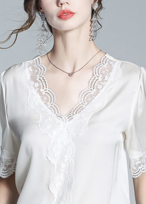 Plus Size White V Neck Lace Patchwork Silk Top Summer