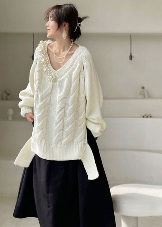 Plus Size White V Neck thick Knit Sweaters Winter