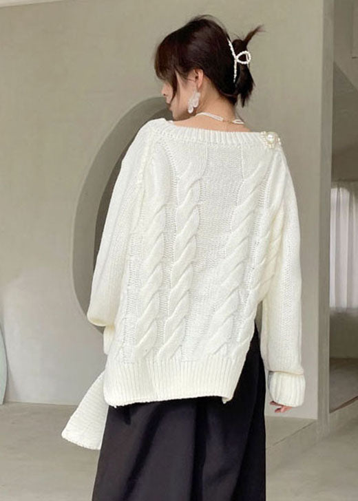 Plus Size White V Neck thick Knit Sweaters Winter