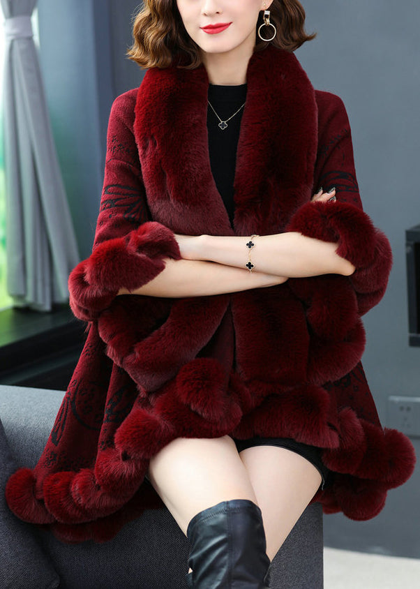 Plus Size Wine Red Fur Collar Print Patchwork Woolen Coat Fall