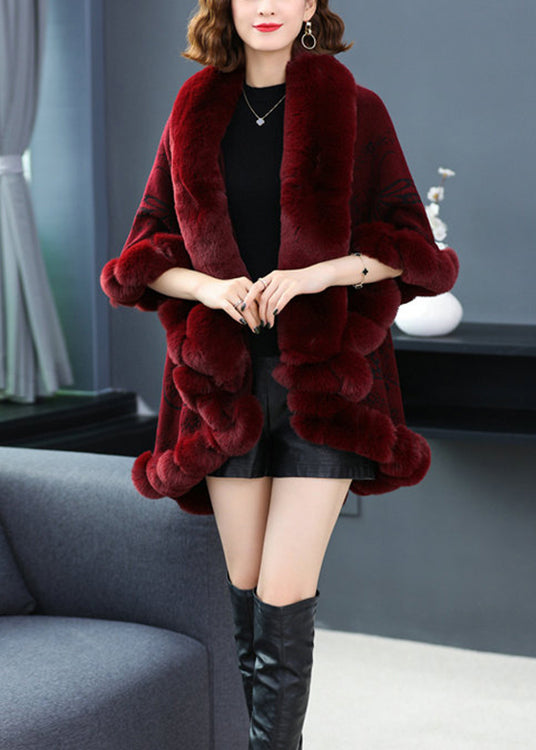 Plus Size Wine Red Fur Collar Print Patchwork Woolen Coat Fall