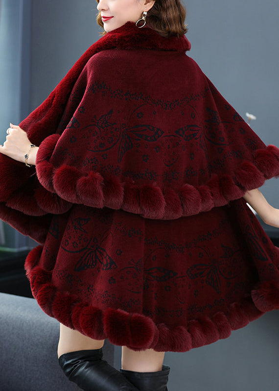 Plus Size Wine Red Fur Collar Print Patchwork Woolen Coat Fall