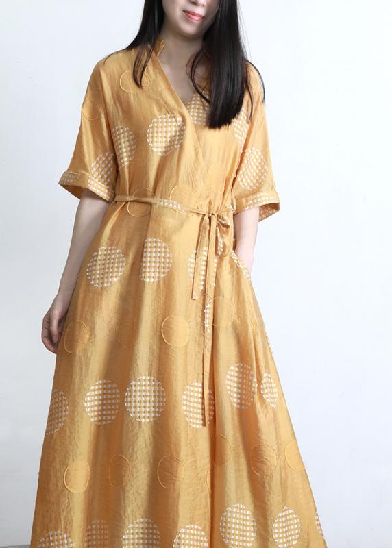 Plus Size Yellow Dot tie waist Dress Summer Dress - Omychic