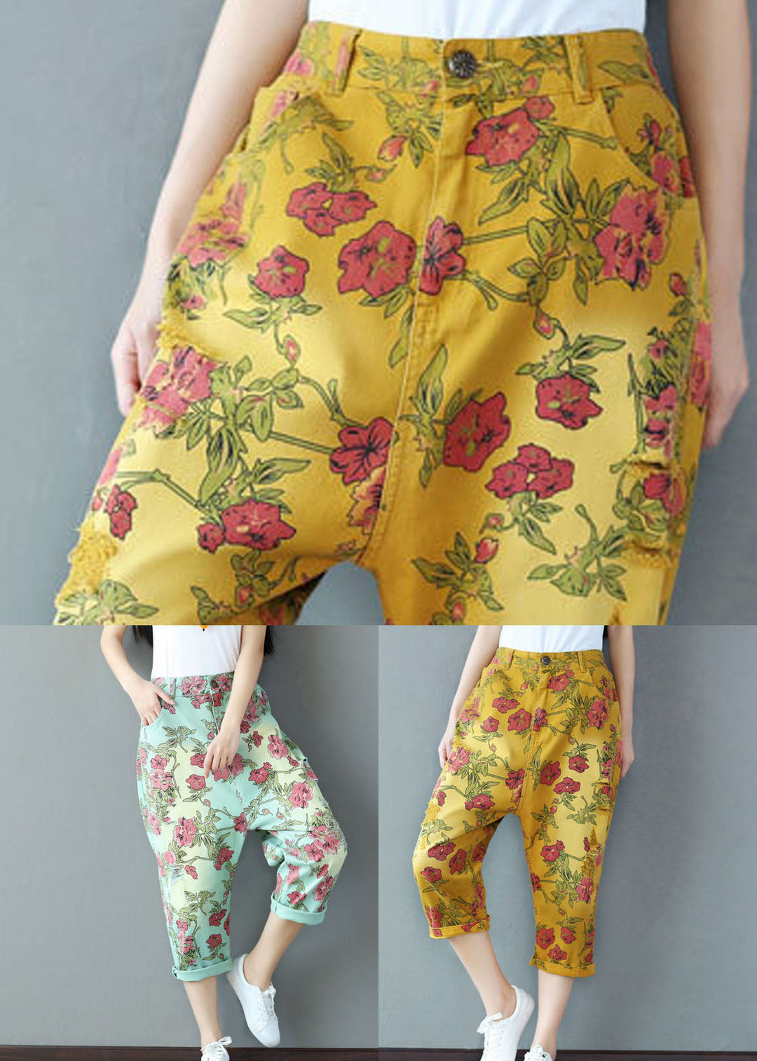 Plus Size Yellow Elastic Waist Print Cotton Harem Pants Spring