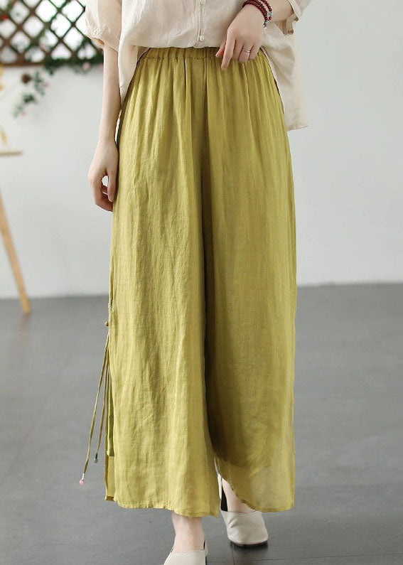Plus Size Yellow Embroideried Patchwork Linen Wide Leg Pants Summer