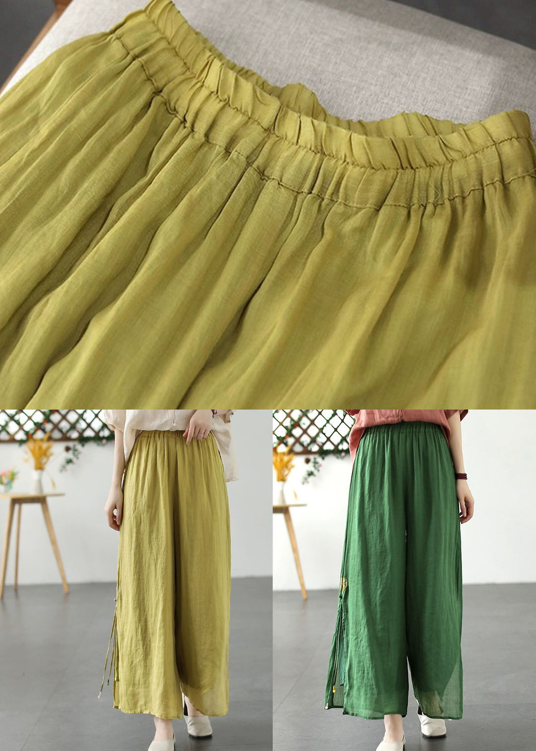 Plus Size Yellow Embroideried Patchwork Linen Wide Leg Pants Summer