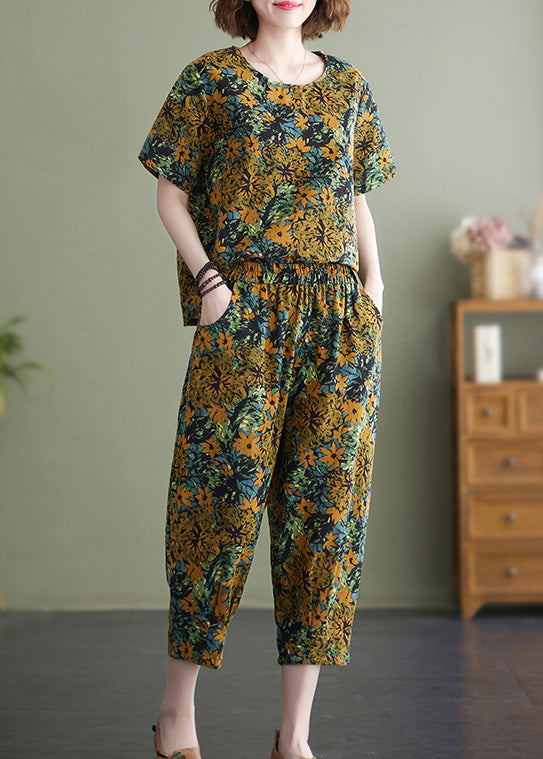 Plus Size Yellow Floral O-Neck Top Short Sleeve Elastic Waist Pants Two Pieces Set