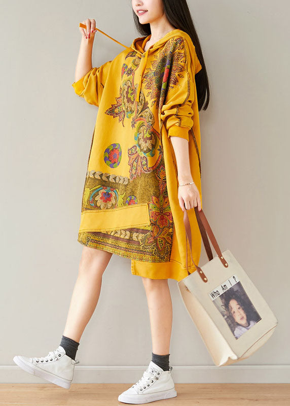Plus Size Yellow Hooded Asymmetrical Design Patchwork Cotton Mid Dresses Spring