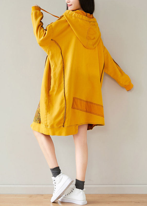 Plus Size Yellow Hooded Asymmetrical Design Patchwork Cotton Mid Dresses Spring
