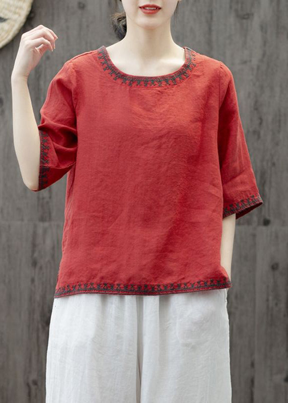 Plus Size Yellow O Neck Embroideried Patchwork Cotton T Shirts Summer