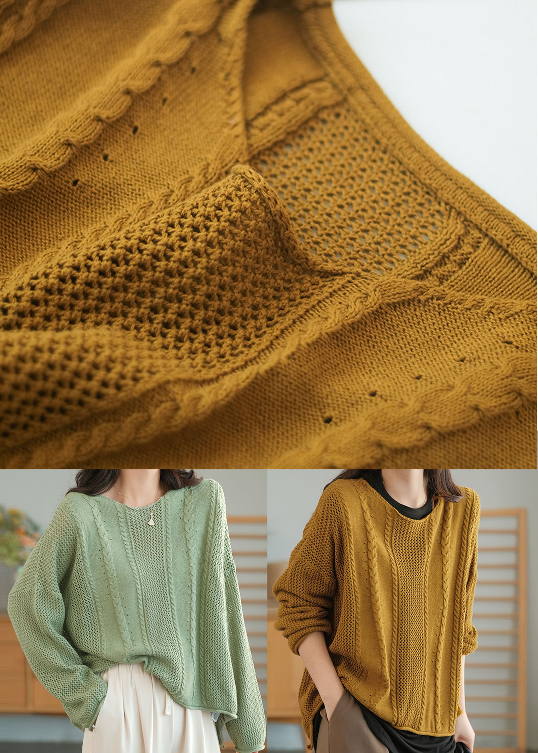 Plus Size Yellow O-Neck Hollow Out Knit Sweaters Fall