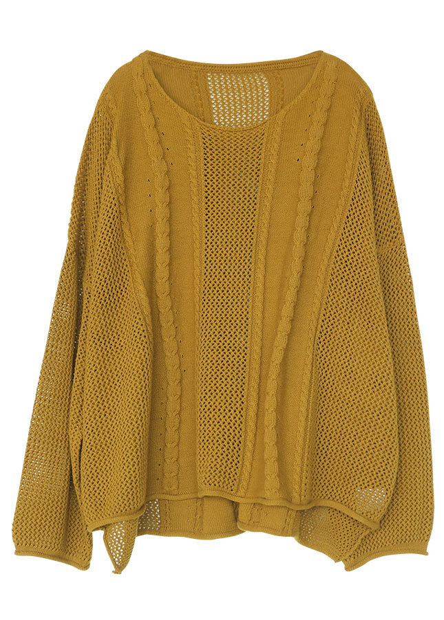 Plus Size Yellow O-Neck Hollow Out Knit Sweaters Fall
