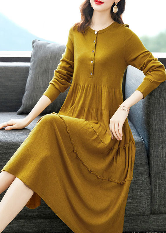 Plus Size Yellow O-Neck Ruffled Knit Sweater A Line Dress Winter