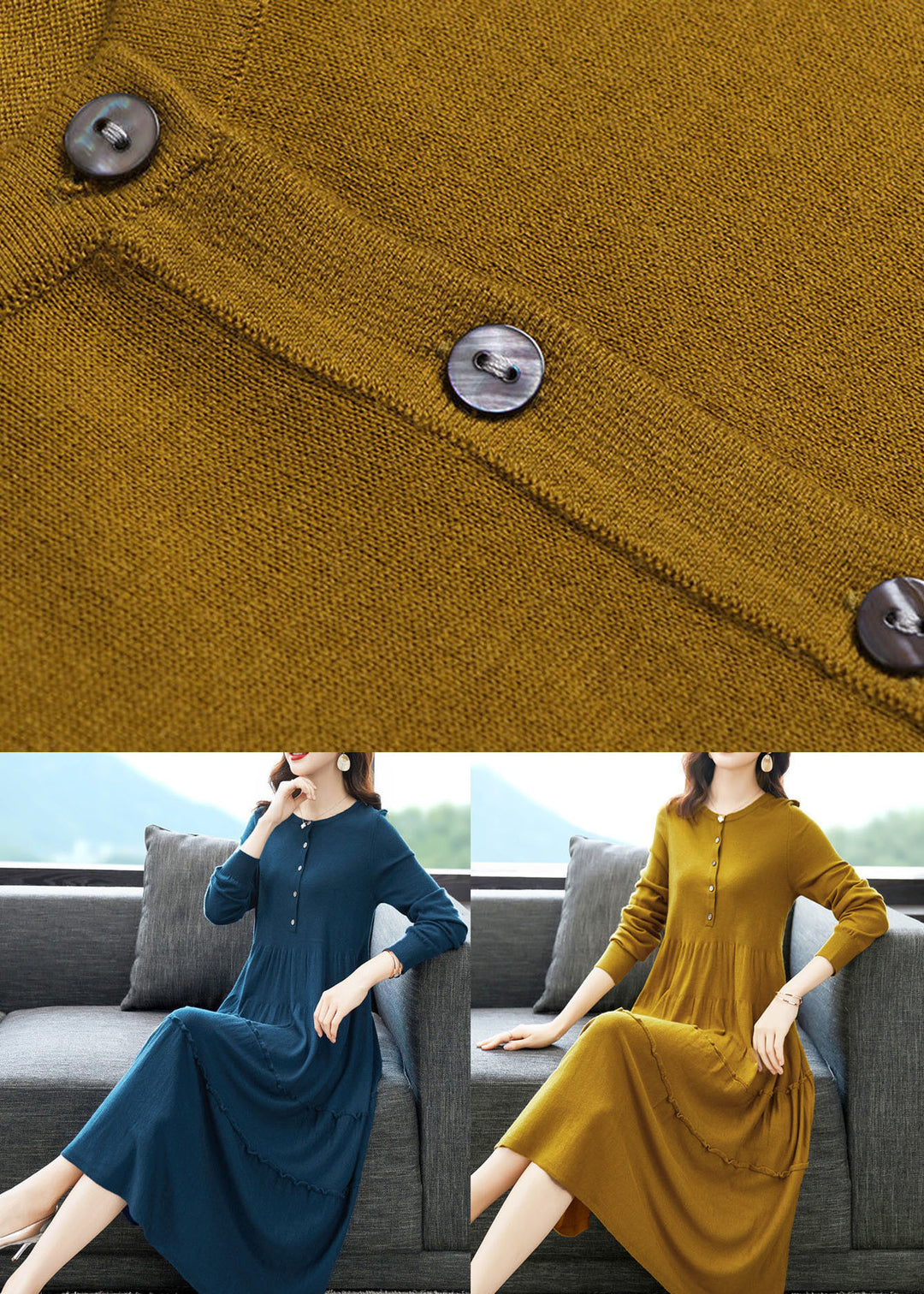 Plus Size Yellow O-Neck Ruffled Knit Sweater A Line Dress Winter
