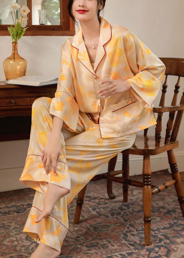 Plus Size Yellow Oversized Print Ice Silk Pajamas Women Sets 2 Pieces Batwing Sleeve