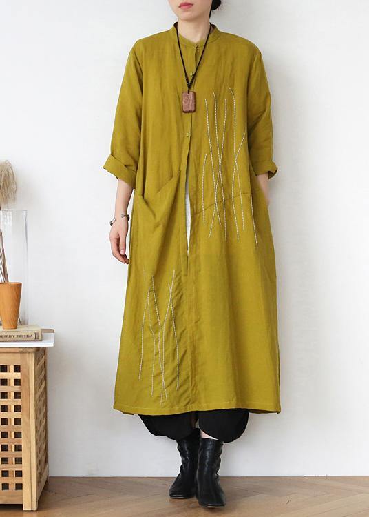 Plus Size Yellow Peter Pan Collar Linen Long Spring Coat - Omychic