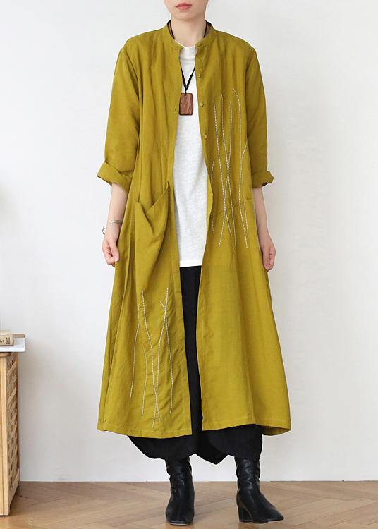 Plus Size Yellow Peter Pan Collar Linen Long Spring Coat - Omychic