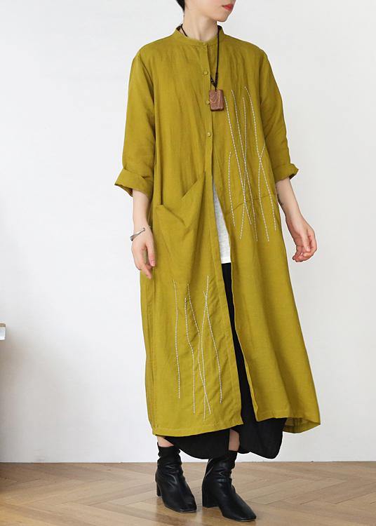 Plus Size Yellow Peter Pan Collar Linen Long Spring Coat - Omychic