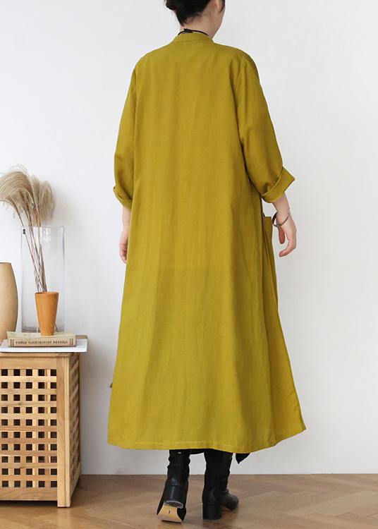 Plus Size Yellow Peter Pan Collar Linen Long Spring Coat - Omychic