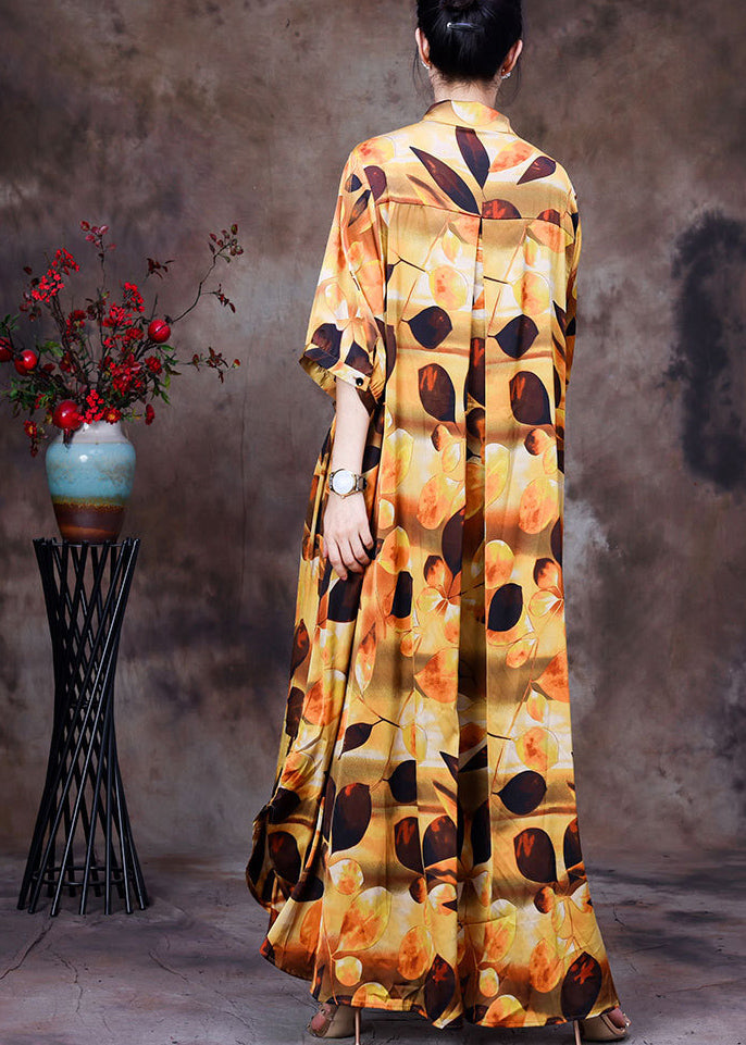 Plus Size Yellow Peter Pan Collar Print Wrinkled Silk Long Shirt Dress Half Sleeve