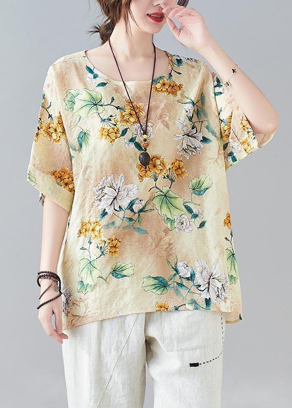 Plus Size Yellow Print Batwing Sleeve Cotton Linen Summer Top - Omychic
