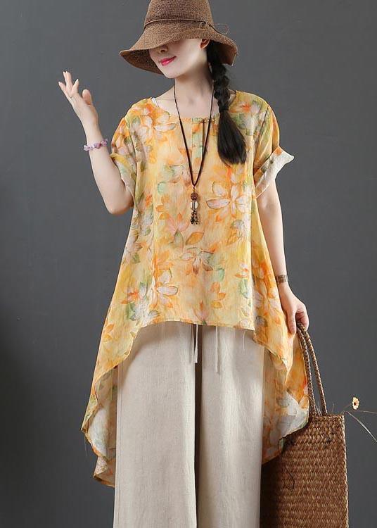 Plus Size Yellow Print Linen low high design Shirt Summer - Omychic