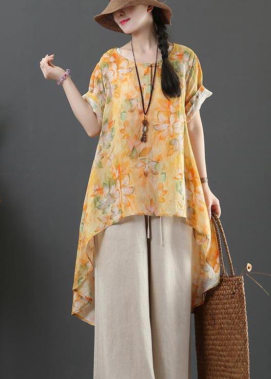 Plus Size Yellow Print Linen low high design Shirt Summer - Omychic