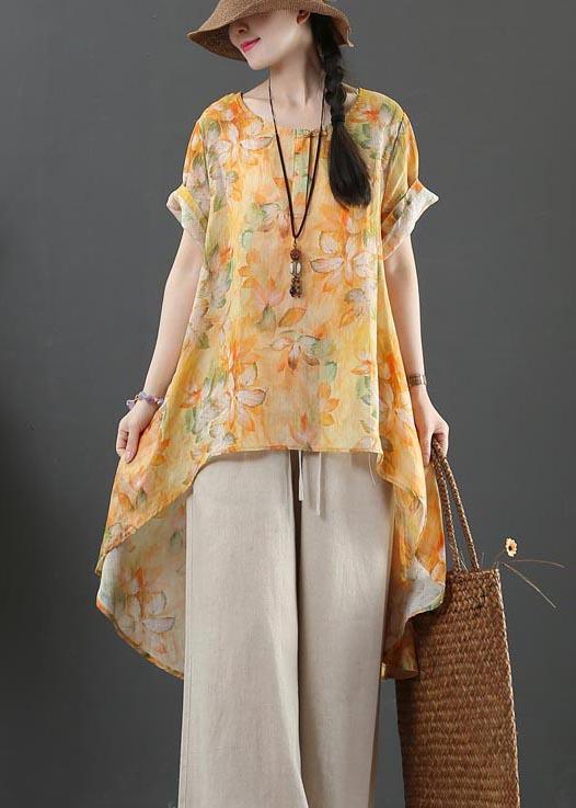 Plus Size Yellow Print Linen low high design Shirt Summer - Omychic