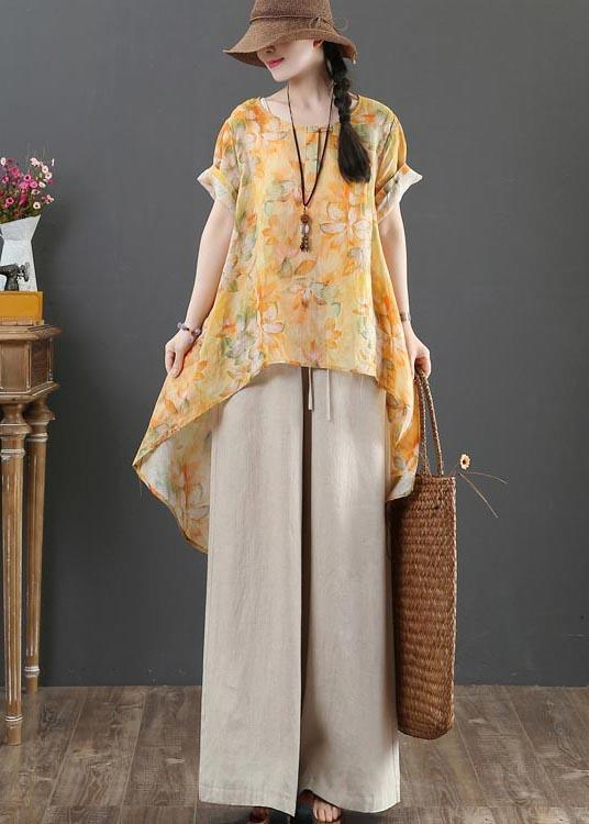 Plus Size Yellow Print Linen low high design Shirt Summer - Omychic