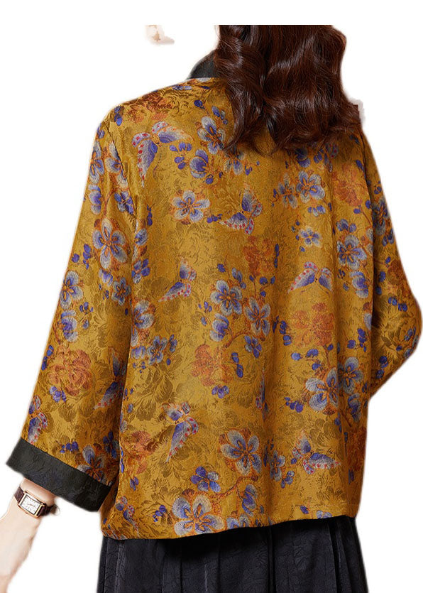 Plus Size Yellow Print Patchwork Silk Loose Cardigans Bracelet Sleeve