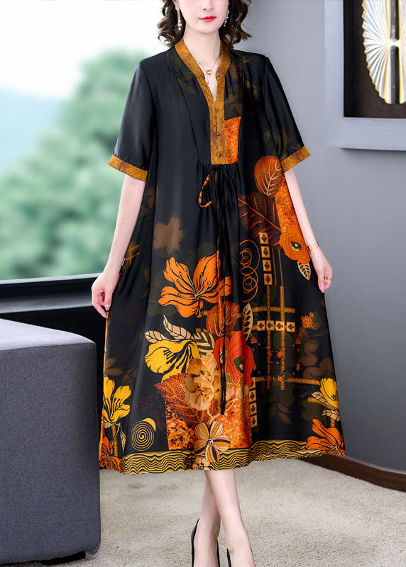 Plus Size Yellow Print Pockets Wrinkled Patchwork Silk Dress Summer