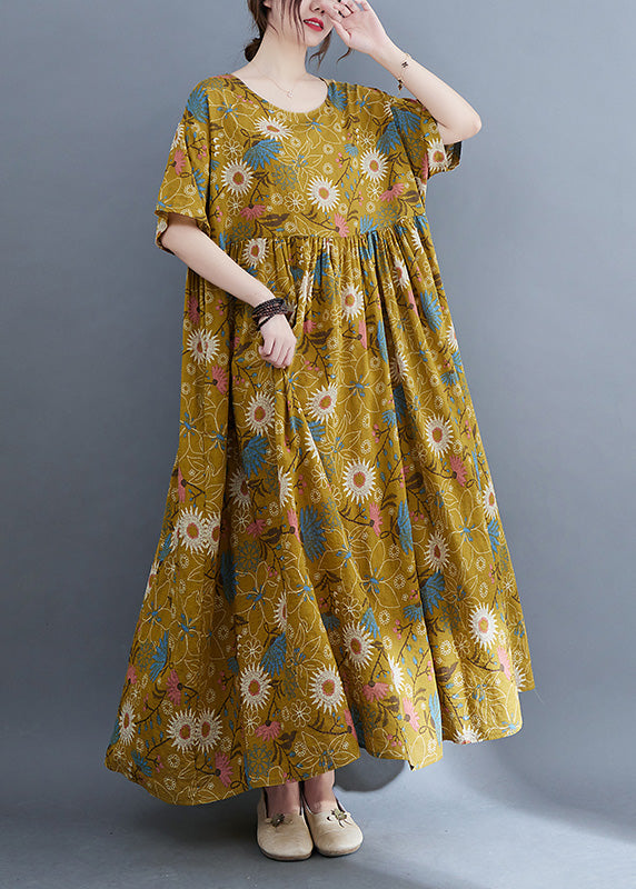 Plus Size Yellow Print Wrinkled Holiday Long Dresses Summer