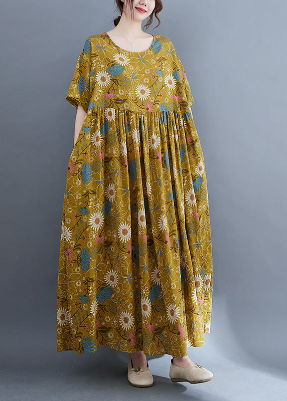 Plus Size Yellow Print Wrinkled Holiday Long Dresses Summer