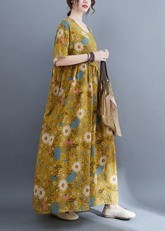 Plus Size Yellow Print Wrinkled Holiday Long Dresses Summer