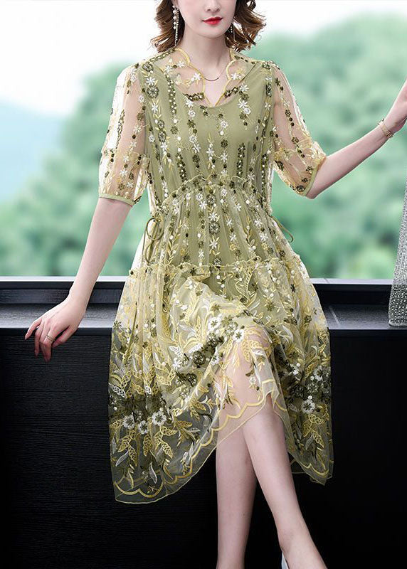 Plus Size Yellow Ruffled Embroideried Tulle Party Dress Summer