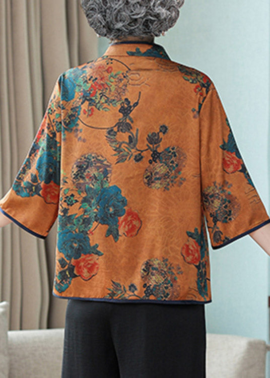 Plus Size Yellow Stand Collar Print Button Silk Shirt Long Sleeve