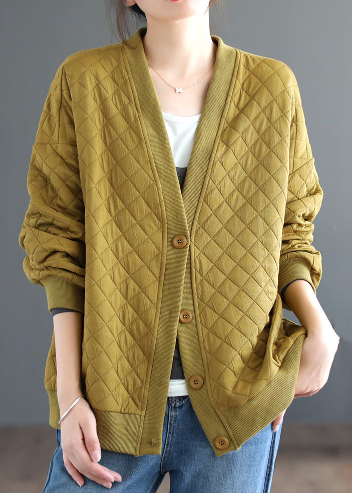 Plus Size Yellow V Neck Button Cotton Cardigan Coats Fall