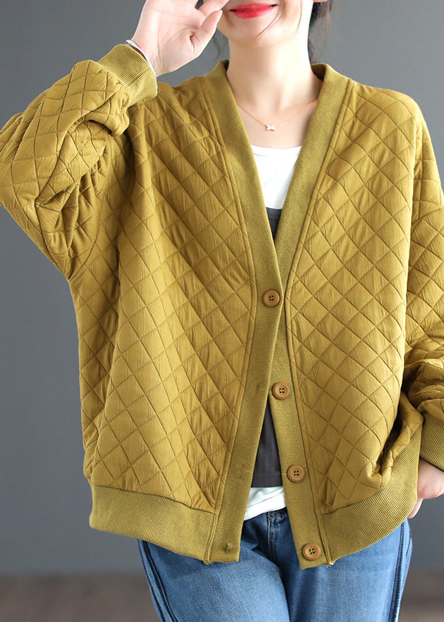 Plus Size Yellow V Neck Button Cotton Cardigan Coats Fall