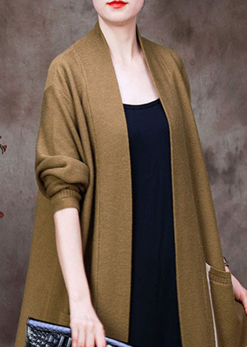 Plus Size Yellow V Neck Hollow Out Pockets Knit Cardigans Long Sleeve